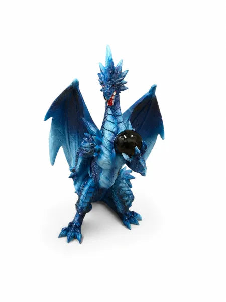 Vibrant Blue Dragon Holding Black Sphere Figurine