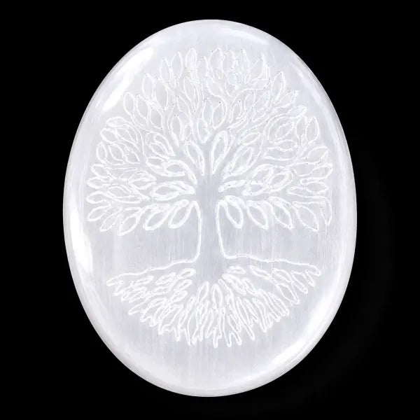 Selenite Etched Tree of Life Palm Stone 2.5" - 3"