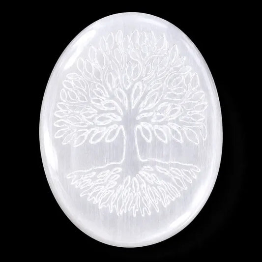 Selenite Etched Tree of Life Palm Stone 2.5" - 3"