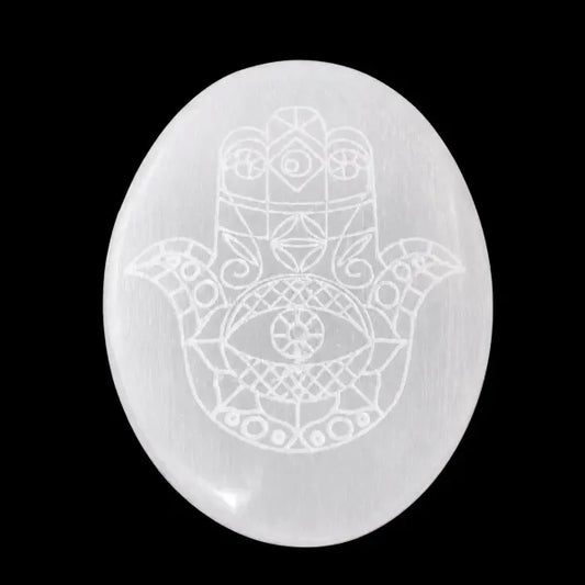 Selenite Hand of Fatima Palm Stone 2.5"