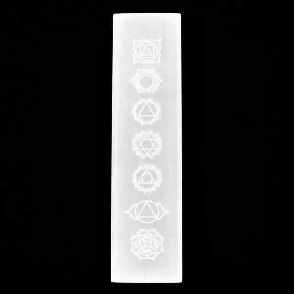 Selenite 7 Chakra Symbols Etched Charging Bar Stick 6"