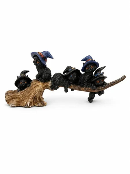 5 Black Cats on Broomstick Figurine